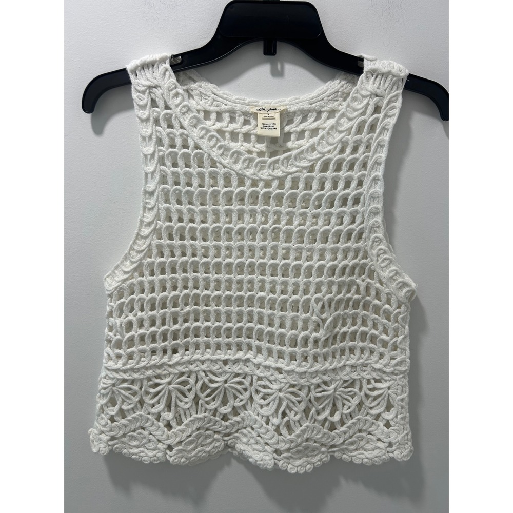Ultra Pink White Crochet Lace Tank Top Women Medium Floral Scalloped Hem Cotton